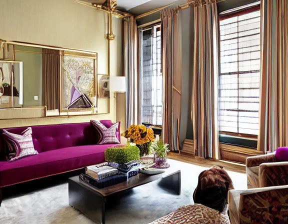 Prompt: apartment designed by nate berkus, rich royal colors