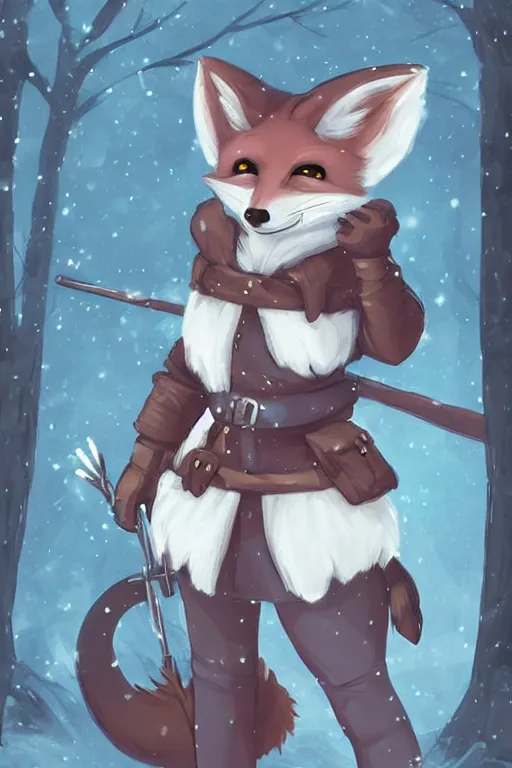 Prompt: a pretty medieval anthropomorphic snow fox ranger with a fluffy tail in the forest, comic art, trending on furaffinity, cartoon, kawaii, backlighting, furry art!!!, radiant light, bokeh, trending on artstation, digital art