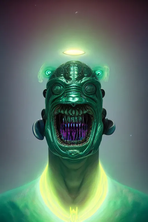 Image similar to portrait of a bioluminescent creature with wicked grin, dark retrowave, highly detailed, asymmetrical artwork, cinematic, hyperrealism, art by zdzisław beksinski and stanley lau and artgerm and magali villeneuve and alphonse mucha, artstation, octane render, unreal engine, 8 k, aperture f 1. 2