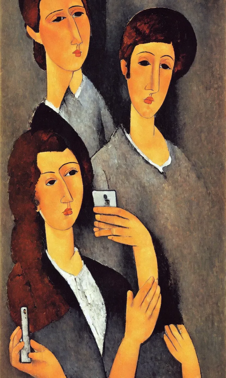 Prompt: amedeo modigliani. portrait of a woman with brown hair and a blue shirt holding an iphone in her hand. very soft brush.