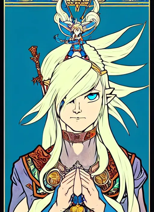 Image similar to link as the fierce diety form with white hair!! from the legend of zelda!! portrait illustration, pop art, splash painting, art by geof darrow, ashley wood, alphonse mucha, makoto shinkai