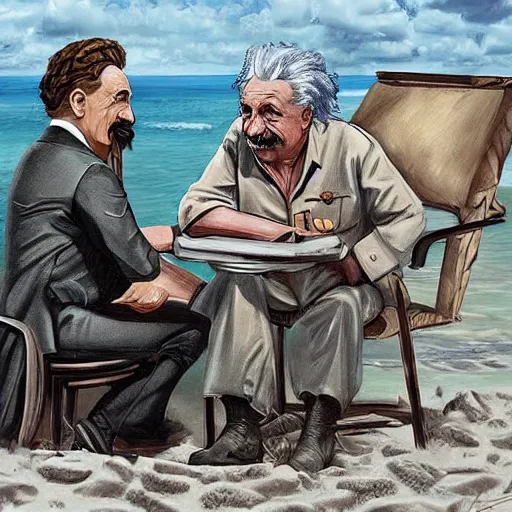 Image similar to Albert Einstein discussing a war strategy with Stalin on a caribbean beach while drinking rum, digital painting, concept art, detailed