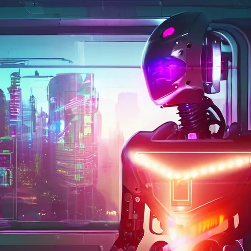 Prompt: a robot with a terrarium for a head, cyberpunk, city, neon, sci fi, 4k, artstation, octane, unreal