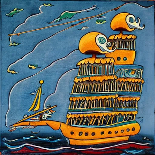 Image similar to by ed roth stormy. a installation art of a tall ship sailing through a cityscape. the ship is adorned with intricate details, while the cityscape is filled with towering palaces & other grand buildings.