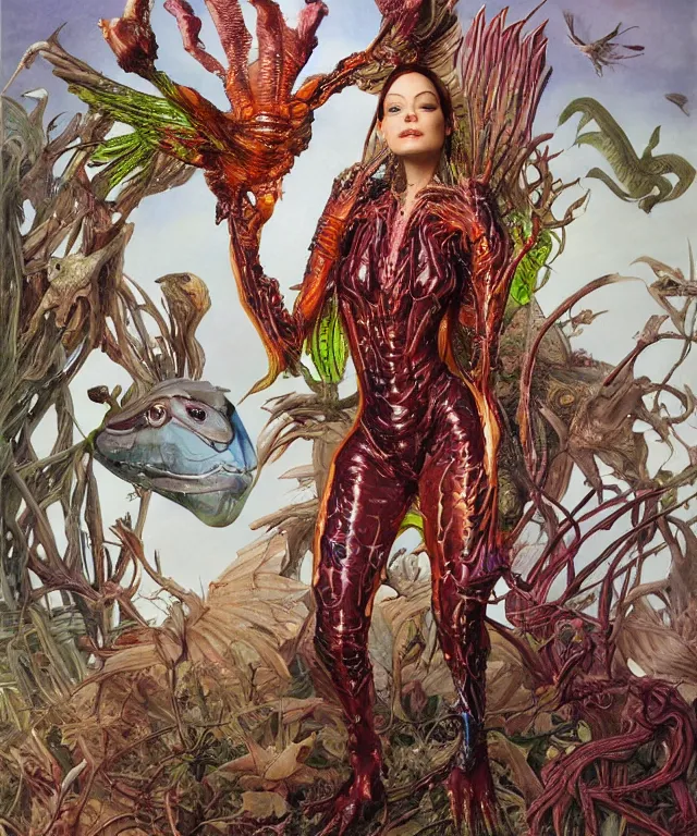 Prompt: a portrait photograph rose mcgowan as a strong alien harpy queen with amphibian skin. she is dressed in a colorful slimy organic membrane catsuit and transforming into an bird with an armored exoskeleton. by donato giancola, walton ford, ernst haeckel, peter mohrbacher, hr giger. 8 k, cgsociety, fashion editorial