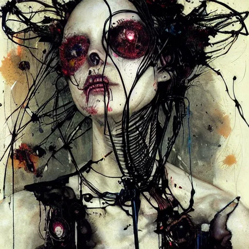 Prompt: in a dark room, a cybergoth hacker, skulls, wires cybernetic implants, machine noir grimcore, in the style of adrian ghenie esao andrews jenny saville surrealism dark art by james jean takato yamamoto and by ashley wood