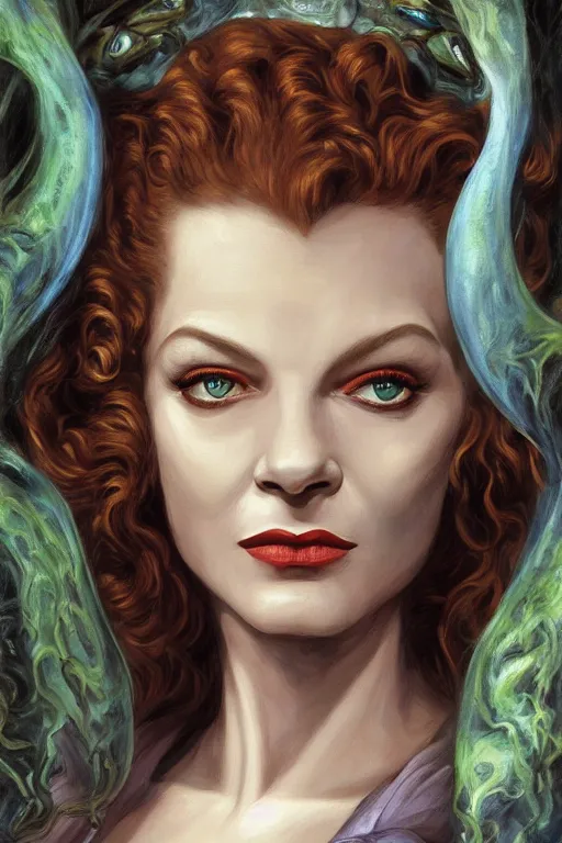 Image similar to A fantasy comic book style portrait painting of Lauren Bacall, hybrid, Susan Hayward, as an Atlantean Reptilian Warrior, François Boucher, Oil Painting, Mystical Valkyrie, unreal 5, DAZ, hyperrealistic, octane render, Regal, Refined, Detailed Digital Art, RPG portrait, William-Adolphe Bouguereau, Michael Cheval, Walt Disney (1937), Steampunk, dynamic lighting, Highly Detailed, Cinematic Lighting, Unreal Engine, 8k, HD