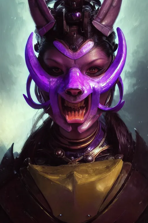 Image similar to extreme close up, facial portrait, woman with a long black ponytail in purple sci - fi armor, wearing a kitsune mask, shoulder pad is a glowing oni mask, striking pose, portrait dnd, painting by gaston bussiere, craig mullins, greg rutkowski, yoji shinkawa