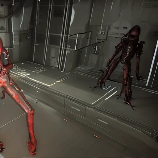 Prompt: woman in sci - fi suit tries to survive an undead outbreak in a dark spaceship, unreal engine 5