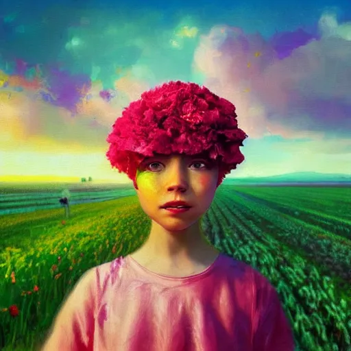 Image similar to face of carnations flower, girl in a flower field, surreal photography, sunrise dramatic light, impressionist painting, colorful clouds, digital painting, artstation, simon stalenhag, flower face