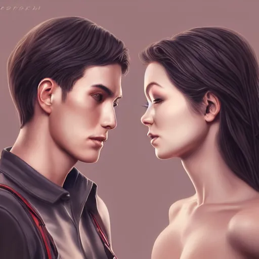 Image similar to perfectly centered symmetrical split male and female portrait of man and woman in love sharing one heart ; art by artgerm, photorealistic, highly detailed ; trending on artstation