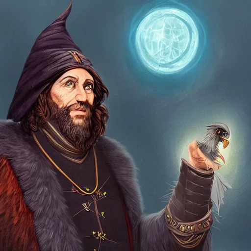 Image similar to Meneldas the Magnificent, a proud wizard with a raven familiar, 8k resolution, full-length portrait, digital painting, fantasy illustration by Brom, D&D character art