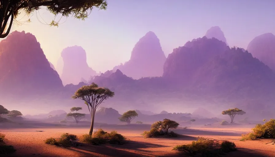 Image similar to beautiful desert oasis exoplanetary surface, small sand dunes, distant jungles tall trees and mountains obscured by mist, 4 k cinematic panoramic view, by bruce pennington, ted naysmith, evgeny lushpin