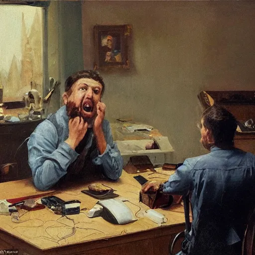 Image similar to an angry man yells at his computer monitor, oil on canvas, 1 8 8 3, highly detailed