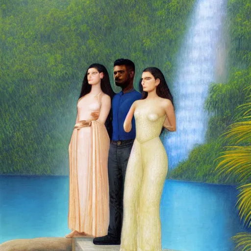 Image similar to a ultradetailed beautiful painting of lorde, frank ocean, the weeknd and lana del rey standing in front of the diamonds waterfall in the amazonas palace balustrade designed by jules bastien - lepage, tarsila do amaral, frank weston and gustave baumann, beach, trending on artstation, mediterranean, palm trees, sharp focus, soft light, 8 k 4 k