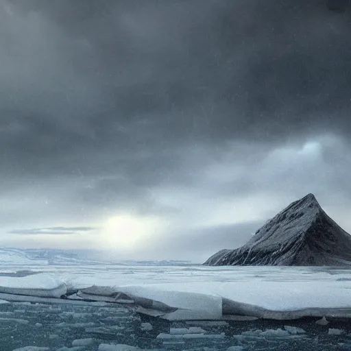 Image similar to a dreamlike antarctic landscape in stormy weather, matte painting