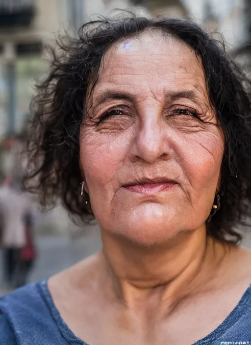 Image similar to close up portrait of beautiful Spanish 50-year-old woman model, chubby, with lovely look, happy, candid street portrait in the style of Martin Schoeller award winning, Sony a7R