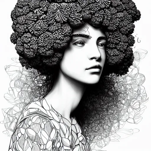 Image similar to the portrait of broccoli that resembles an unbelievably beautiful and sophisticated young woman, an ultrafine detailed illustration by james jean, intricate linework, bright colors, final fantasy, behance contest winner, vanitas, angular, altermodern, unreal engine 5 highly rendered, global illumination, radiant light, detailed and intricate environment