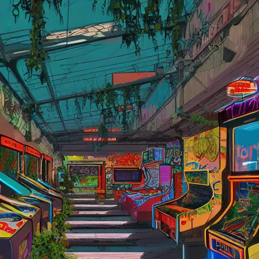 Image similar to beautiful, stunning digital art of an abandoned 1980s arcade with graffiti on the walls and plants growing from the cracks with colorful arcade games. by marc simonetti, featured on artstation