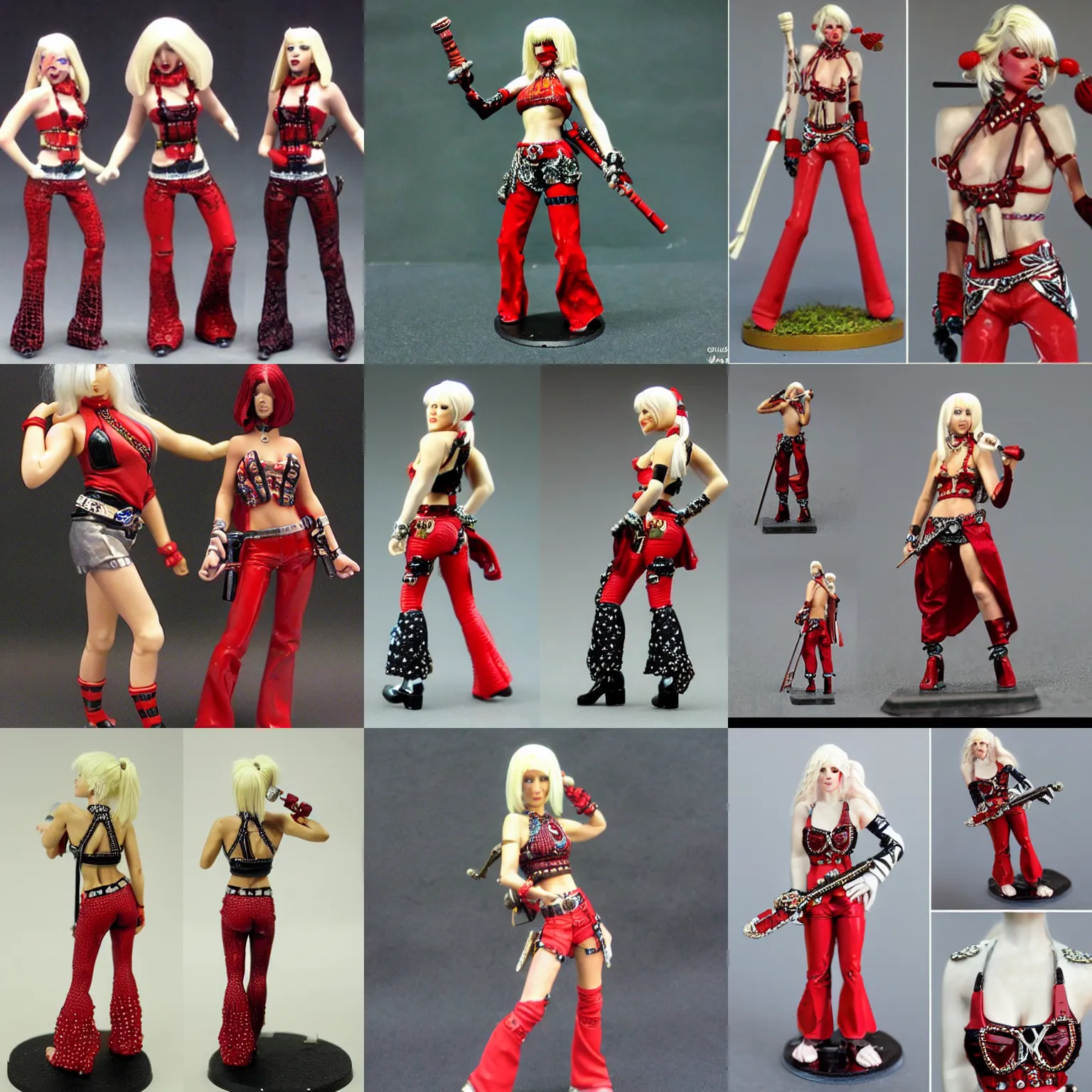 Prompt: 2 8 mm heroic scale games workshop miniature. human bard. fashion editorial photo. platinum blonde with cherry red peekaboo accent extensions, bandana paisley print halter top - red, patent leather cherry red flare bellbottom trousers, dance beaded swarovski neckline. mtv vma live 2 0 0 0. christina aguilera.