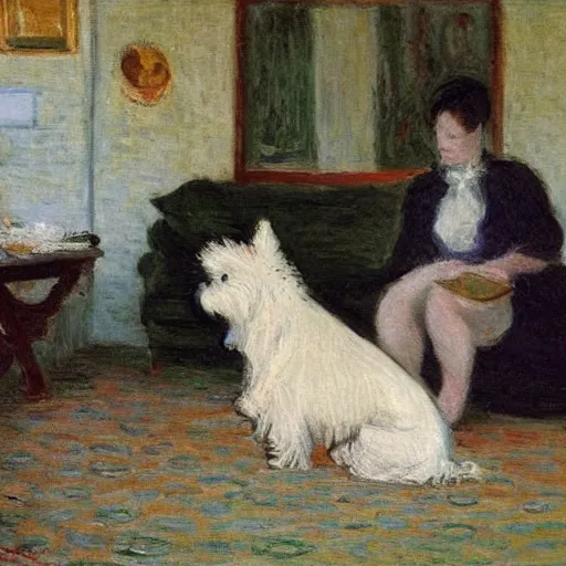 Prompt: a westie dog throwing up on the floor of a living room while a family watches by monet