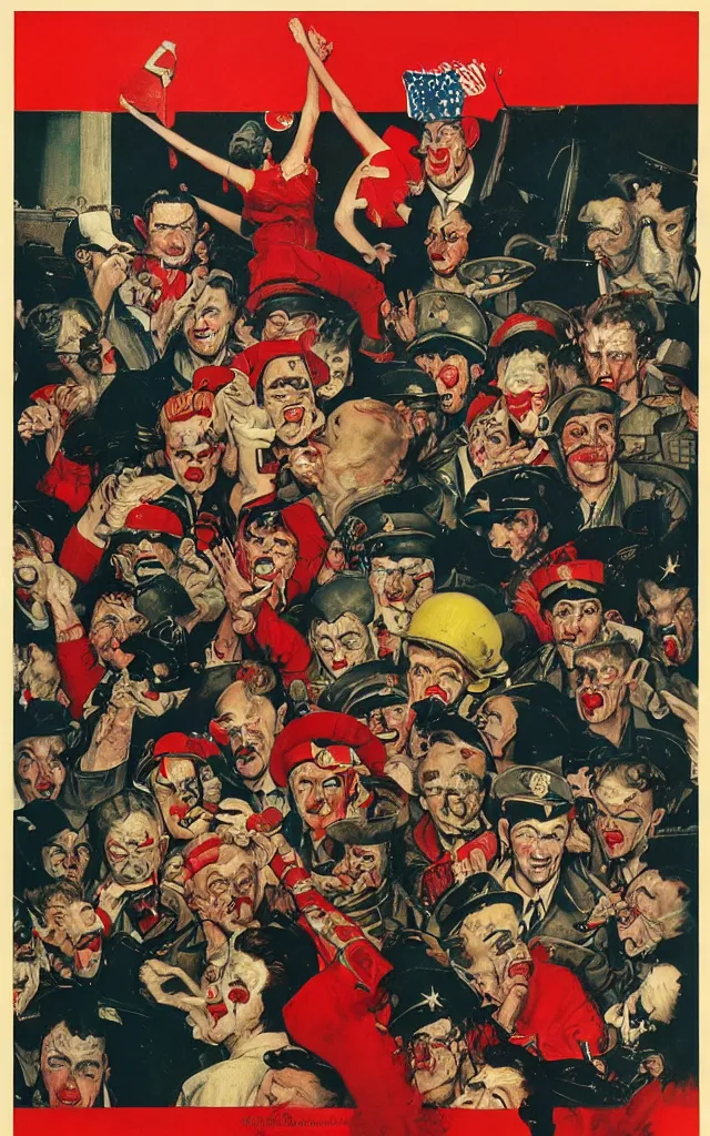 Image similar to clown fight, in the style of norman rockwell, cold war, propaganda poster, sci - fi illustrations, highly detailed, award - winning, patriotic, soviet, ussr, dark, gritty, ink