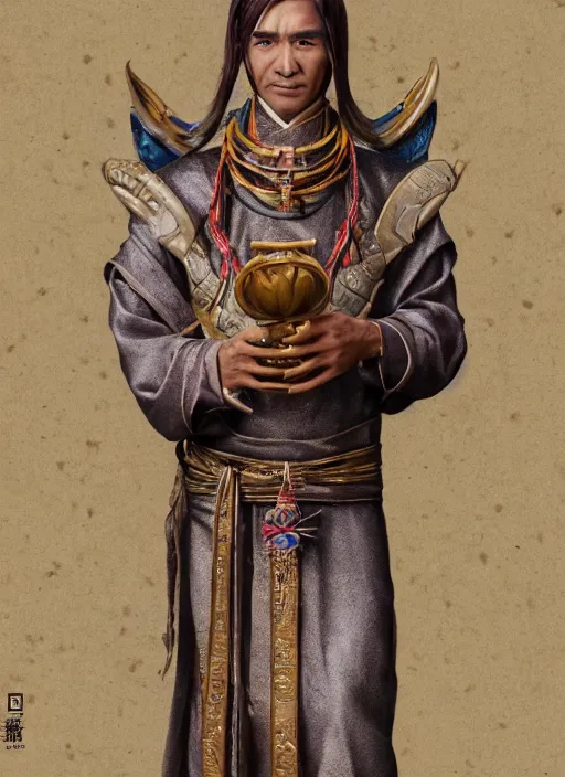 Prompt: full body portrait of a male pathfinder shabti daoshi with metallic skin wearing a daopao by wlop, wuxia, xianxia, pathfinder shabti race, shabti, taoist priest, taoist master, taoist robe, detailed, realistic, anatomically accurate, fantasy illustration, artstation, wlop, 4 k.