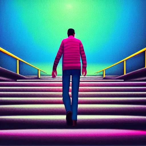 Image similar to photo - realistic, painting of a man walking alone in the boulevard of psychedelic dreams, trippy stairs in the background, hyper detail, sharp, in the style of beeple, mobeius, rule of thirds, unreal engine