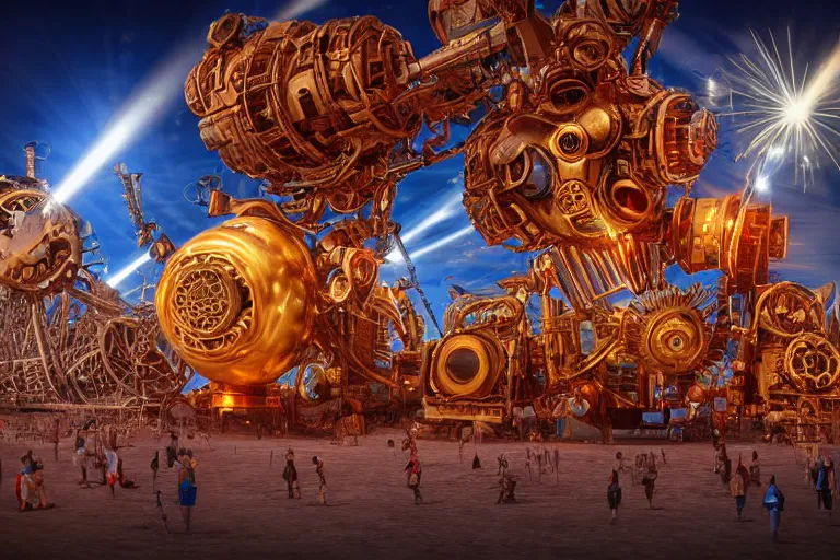 Prompt: scene is burning man festival, portrait photo of a giant huge golden and blue metal steampunk robot, with gears and tubes, eyes are glowing red lightbulbs, audience selfie, shiny crisp finish, 3 d render, 8 k, insaneley detailed, fluorescent colors, haluzinogetic, background is multicolored lasershow