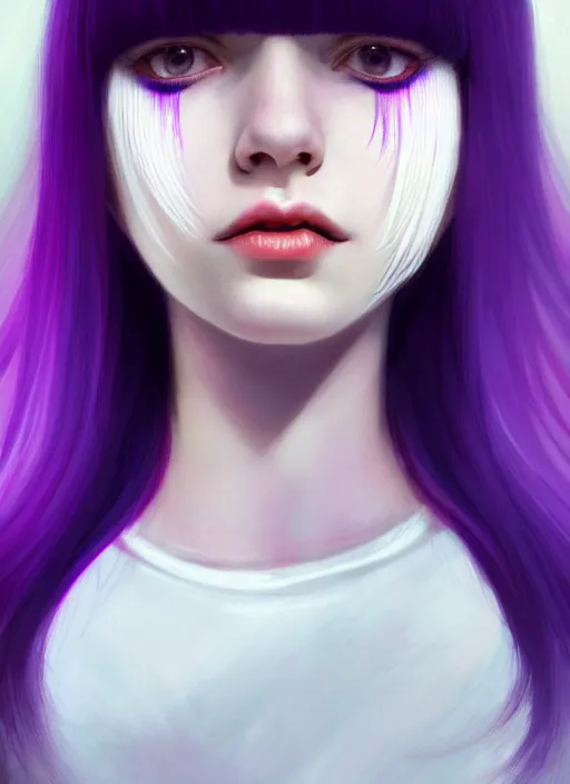 Image similar to hair whitebangs hair, black hair, whitebangs, portrait of teenage girl with white bangs, red irises, purple clothes, white bangs, bangs are different color from hair, intricate, elegant, glowing lights, highly detailed, digital painting, artstation, concept art, smooth, sharp focus, illustration, art by wlop, mars ravelo and greg rutkowski