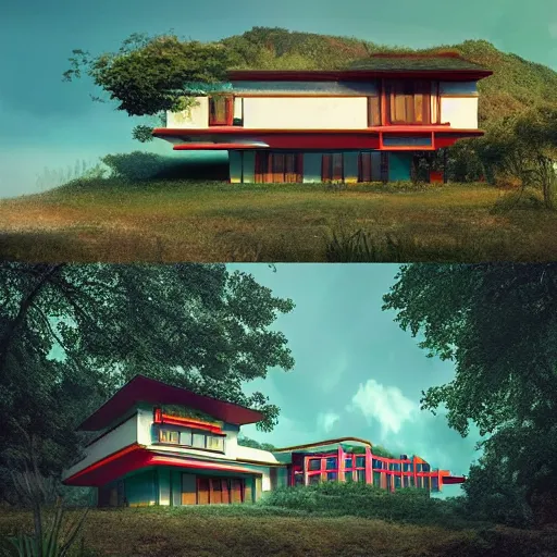 Prompt: modernist house inspired by a tibetan palace, on a green hill between big trees, colorful clouds, dramatic lighting, artstation, matte painting, raphael lacoste, simon stalenhag, frank lloyd wright, zaha hadid