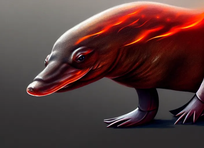 Prompt: a platypus in royal knights armor, dark thick smokey red fire, intricate, elegant, highly detailed, centered, digital painting, artstation, concept art, smooth, sharp focus, illustration