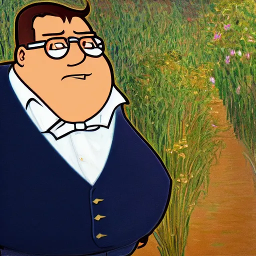 Image similar to full body portrait of Peter Griffin , very detailed eyes, hyperrealistic, beautiful and symmetrical face, very detailed painting by Claude Monet and Alphonse Mucha, ornate, trending on artstation, extremely high detail, incredibly intricate