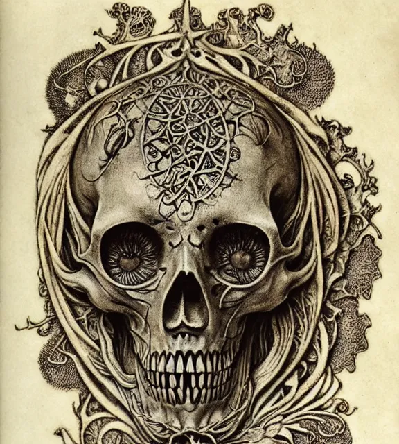 Image similar to memento mori by arthur rackham, art forms of nature by ernst haeckel, exquisitely detailed, art nouveau, gothic, ornately carved beautiful skull dominant, intricately carved antique bone, art nouveau botanicals, ornamental bone carvings, art forms of nature by ernst haeckel, horizontal symmetry, arthur rackham, ernst haeckel, symbolist, visionary