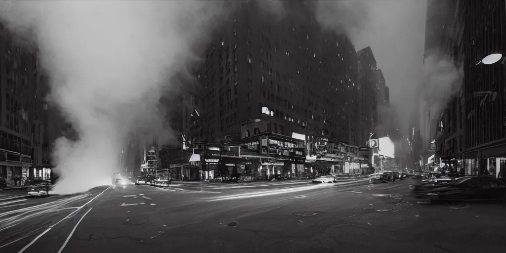 Prompt: a high resolution photo of a new york street at night surrounded with smoke and cars with bright headlights by joel meyerowitz, realistic photo, leica, magnum award winning photograph, 24 mm, f1.4 ,