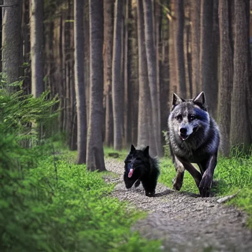 Image similar to Black, big wolf, chasing a man in dark forest, realistic photo