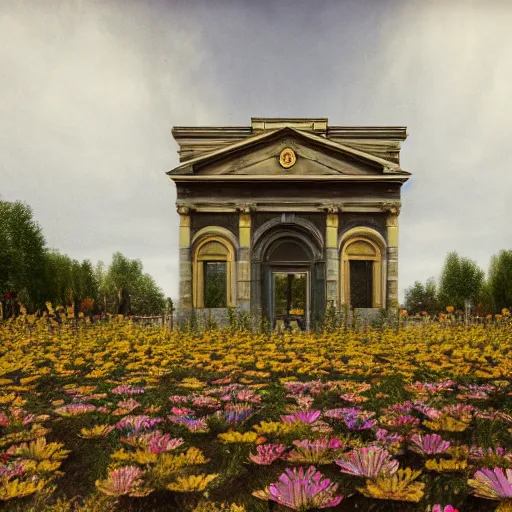 Image similar to 8k, octane render, realism, tonalism, renaissance, rococo, baroque, empty renaissance park, chaotic gold leaf flowers