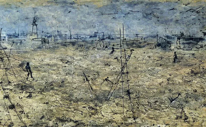 Image similar to painting by anslem kiefer of a battlefield