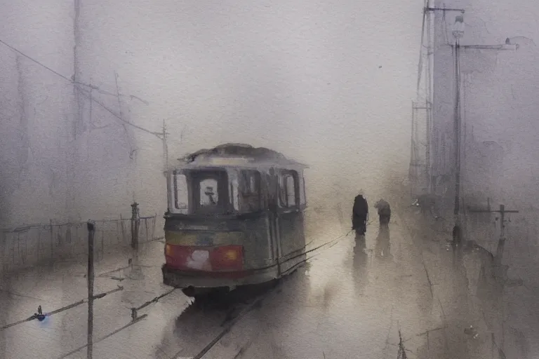 Image similar to small centered on watercolor paper, paint brush strokes, abstract watercolor painting of lone old man on tram, poor and rugged, foggy dawn, morning dew, cinematic light, national romanticism by hans dahl, by jesper ejsing, by anders zorn, by greg rutkowski, by greg manchess, by tyler edlin