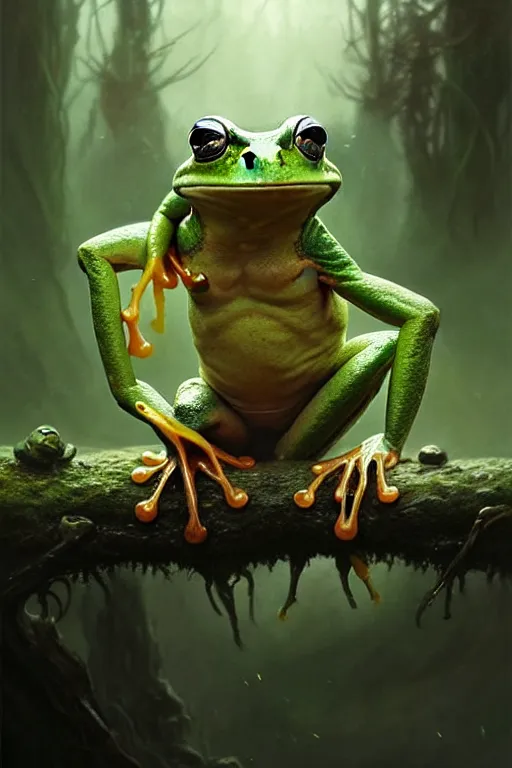 Image similar to a very happy frog, fine art, awesome fantasy book cover on Pinterest, award winning, dark fantasy landscape, fantasy magic, intricate, elegant, sharp focus, cinematic lighting, highly detailed, digital painting, concept art, art by WLOP and Artgerm and Greg Rutkowski, masterpiece, trending on artstation, 8K