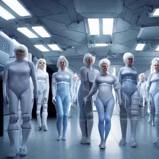 Image similar to troop of freak show women with white hair, white hair, tight light blue neopren suits, futuristic production facility, sci - fi, highly detailed, cinematic