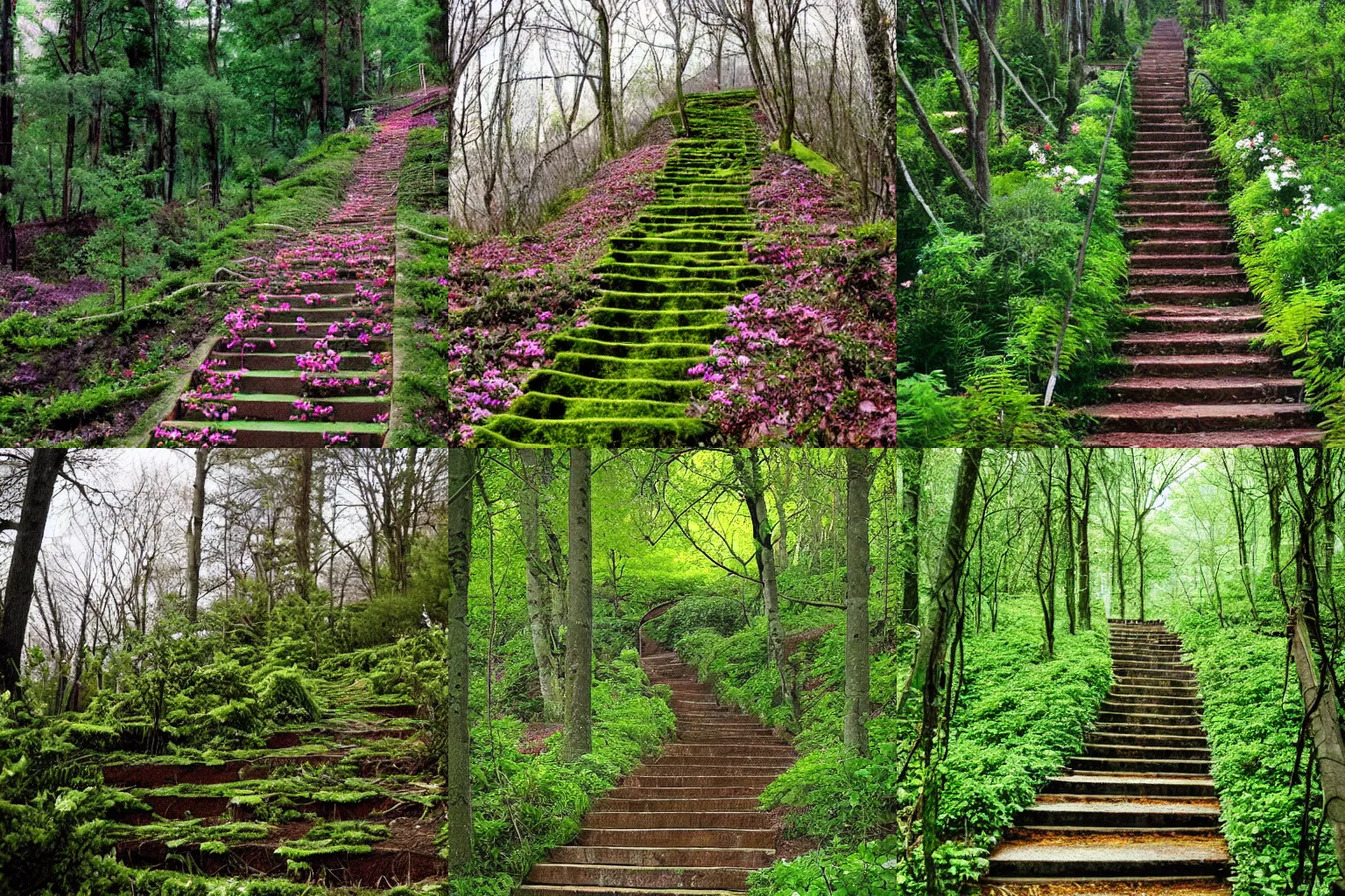 Prompt: stairway made of trees, vegetations, flowers, natural