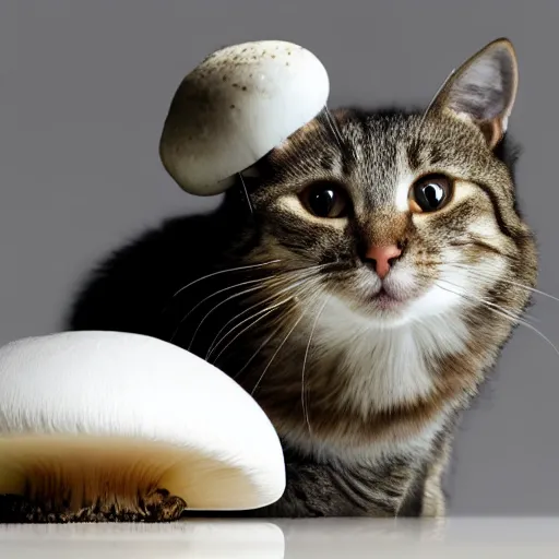 Prompt: a small domestic housecat with a white mushroom growing atop its head