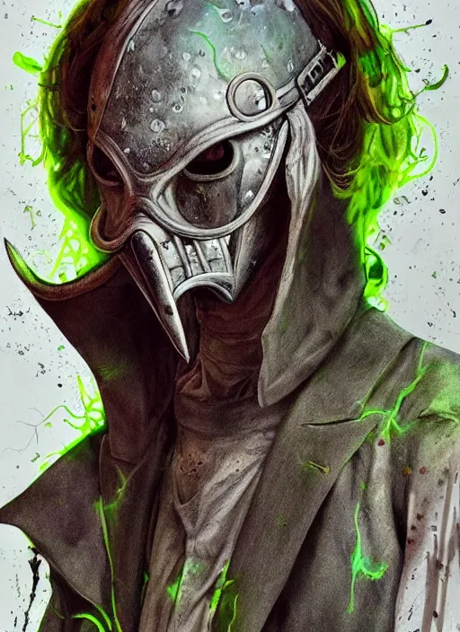 Image similar to a Demon Slayer portrait of a Plague Doctor, tall, pale-skinned, slender with lime green eyes, by Stanley Artgerm, Tom Bagshaw, Arthur Adams, Carne Griffiths, trending on Deviant Art, street art, face enhance, chillwave, maximalist, full of color, glittering