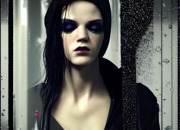 Image similar to octane render photographic portrait by quentin tarantino of a beautiful feminine man wearing black techwear and glitter makeup looking in a broken bathroom mirror, cramped new york apartment, full shot, retrofuturism cyberpunk cinematic, 8 k, hd, high resolution, ultra realistic faces, intricate detail, trending on artstation, digital painting, clockwork orange