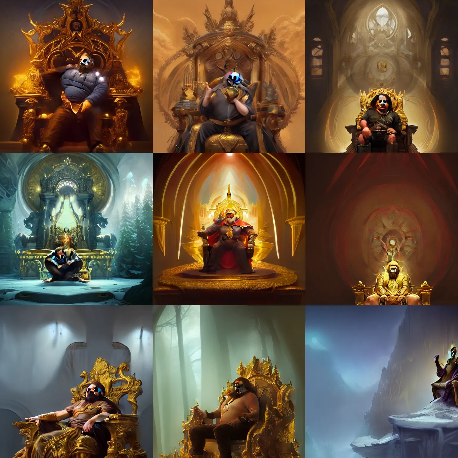 Prompt: a beautiful painting of Gabe Newell, sitting on golden throne, divine, proud look, full body, sharp focus, fantasy style, octane render, volumetric lighting, 8k high definition, by greg rutkowski, highly detailed, trending on art Station, magic the gathering artwork, woodland backround