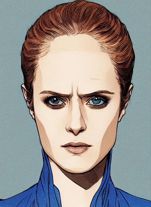 Image similar to dolores ( evan rachel wood ) from westworld, beautiful portrait, blue dress, elegant, clear clean face, by moebius, katsuhiro otomo, tsutomu nihei, laurie greasley