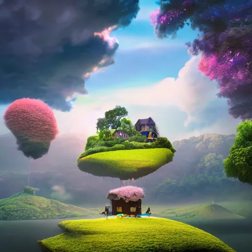 Prompt: earth upside down, cloud houses, trees floating in sky, birds walking, animals flying,, 3 d render, illustrated, incredible details, highly detailed, colorful, photorealistic, disney pixar, octane render, iridescent, anime, 8 k