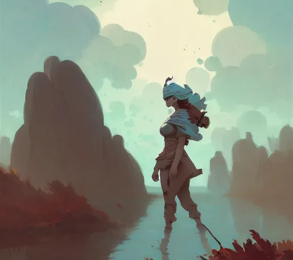 Image similar to painted woman adventurer on her journey, fantasy, by atey ghailan, by greg rutkowski, by greg tocchini, by james gilleard, by joe fenton, by kaethe butcher, hearthstone, art by artgerm dynamic lighting, gradient light blue, brown, blonde cream and white color scheme, grunge aesthetic