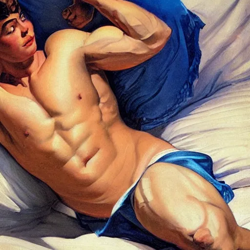 Prompt: oiled up glossy 2 5 y. o. muscular genie with blue skin posing in bed painted by j. c. leyendecker, morning sunlight, greek, dramatic, romantic, detailed, realistic